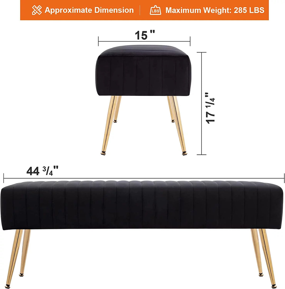 44 Inch Velvet Ottoman Bench with Gold Legs X74398
