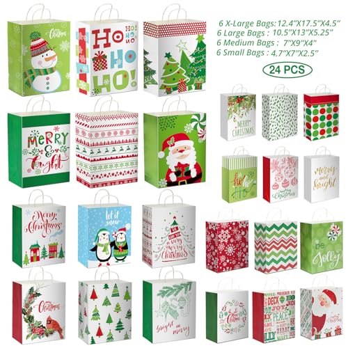 24 Christmas Gift Paper Bags Bulk with Handles and 60 Count Christmas Gift Tags P663010