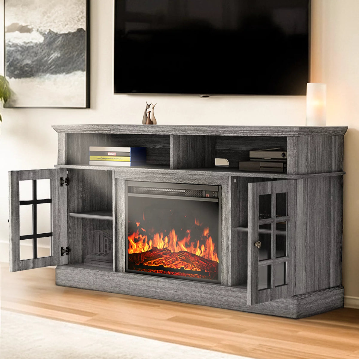 1400W Electric Fireplace TV Stand with Adjustable Shelves, Grey Z1010