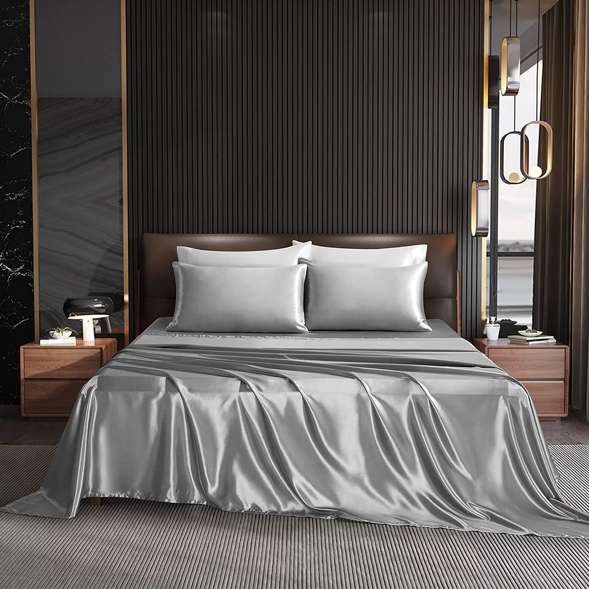 Microfiber Satin Gray 4 Piece Full Size Bed Sheets V53235