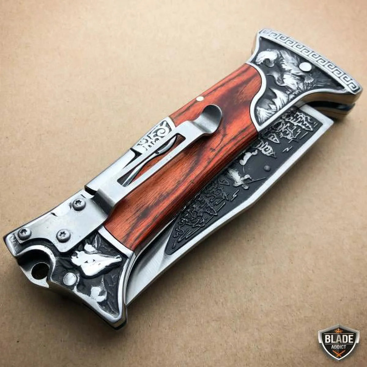 Brown Wood Handle Engraved Blade Lockback Folding Pocket Knife X4626