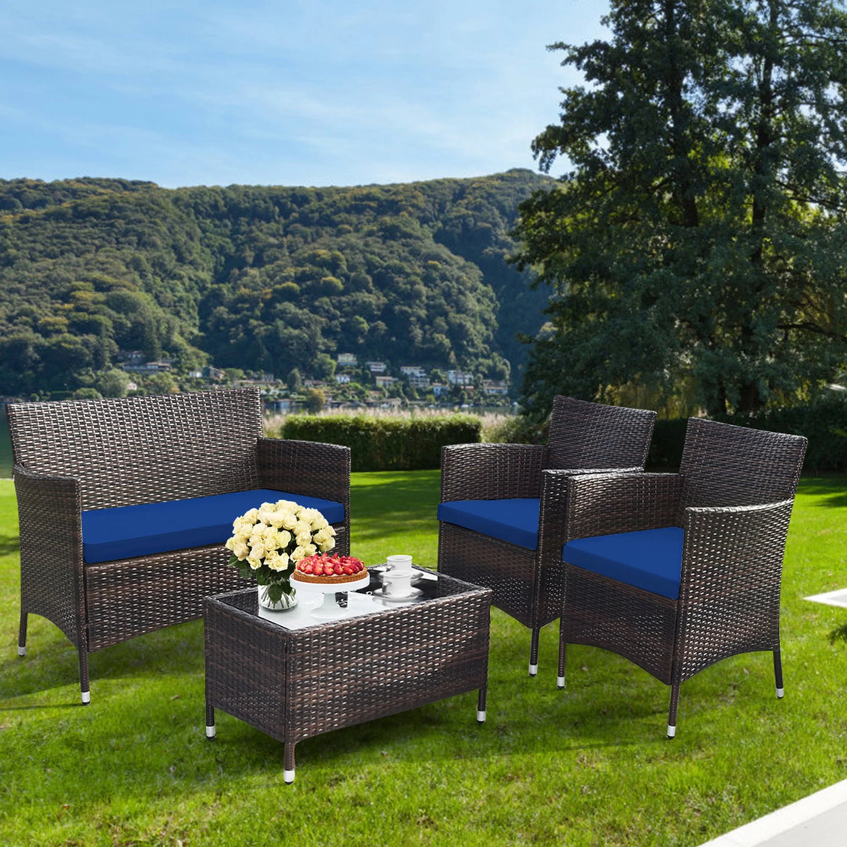 4 Pc Turquoise Cushioned Patio Rattan Conversation Furniture Set G20699