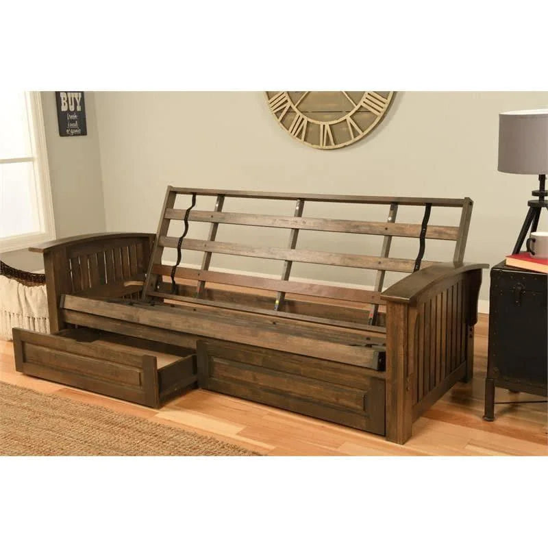 Queen Size Rustic Walnut Wood Storage Futon Frame M2368