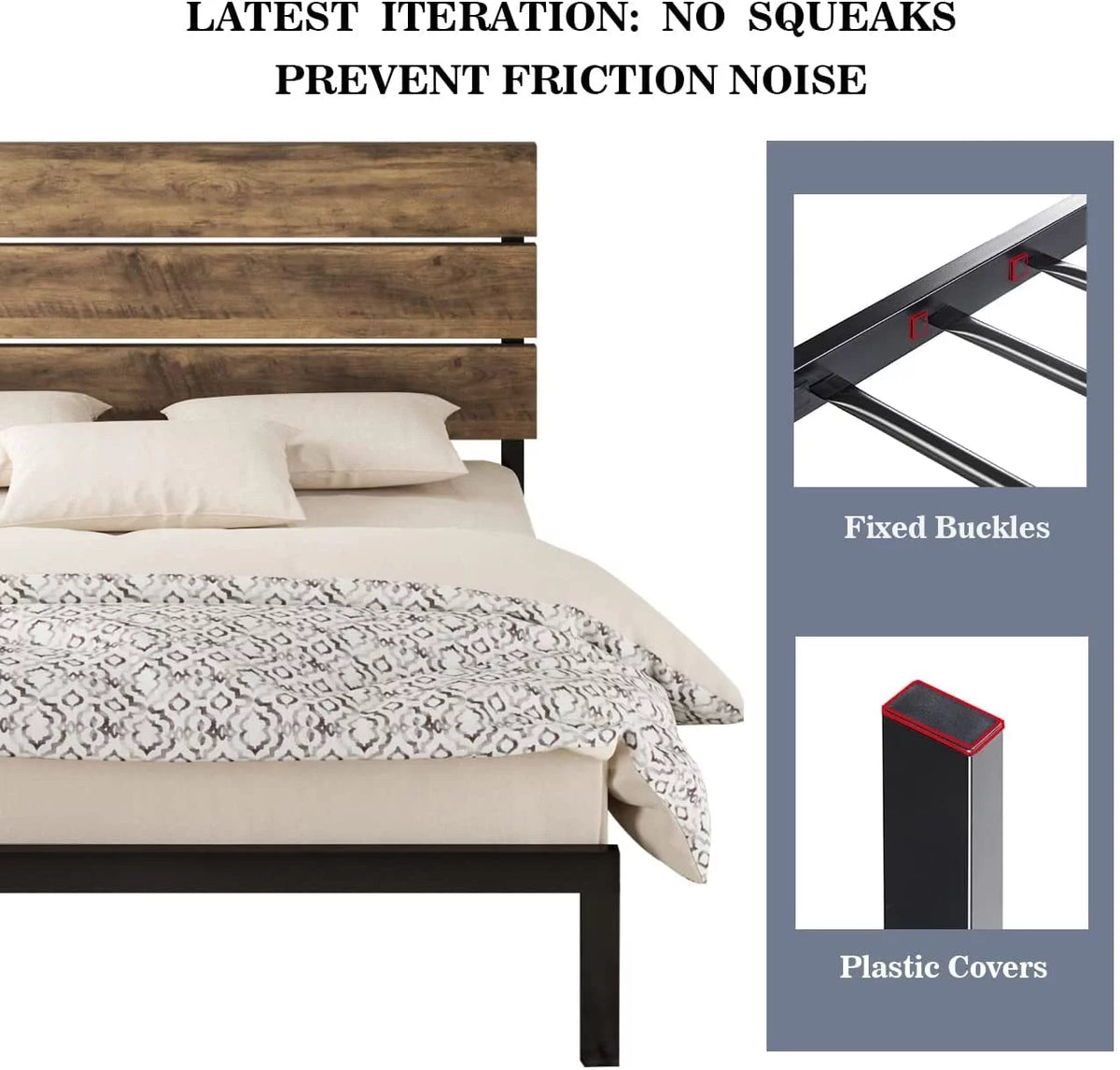 Queen Size Rustic Industrial Platform Bed Frame with Wood Headboard W5449