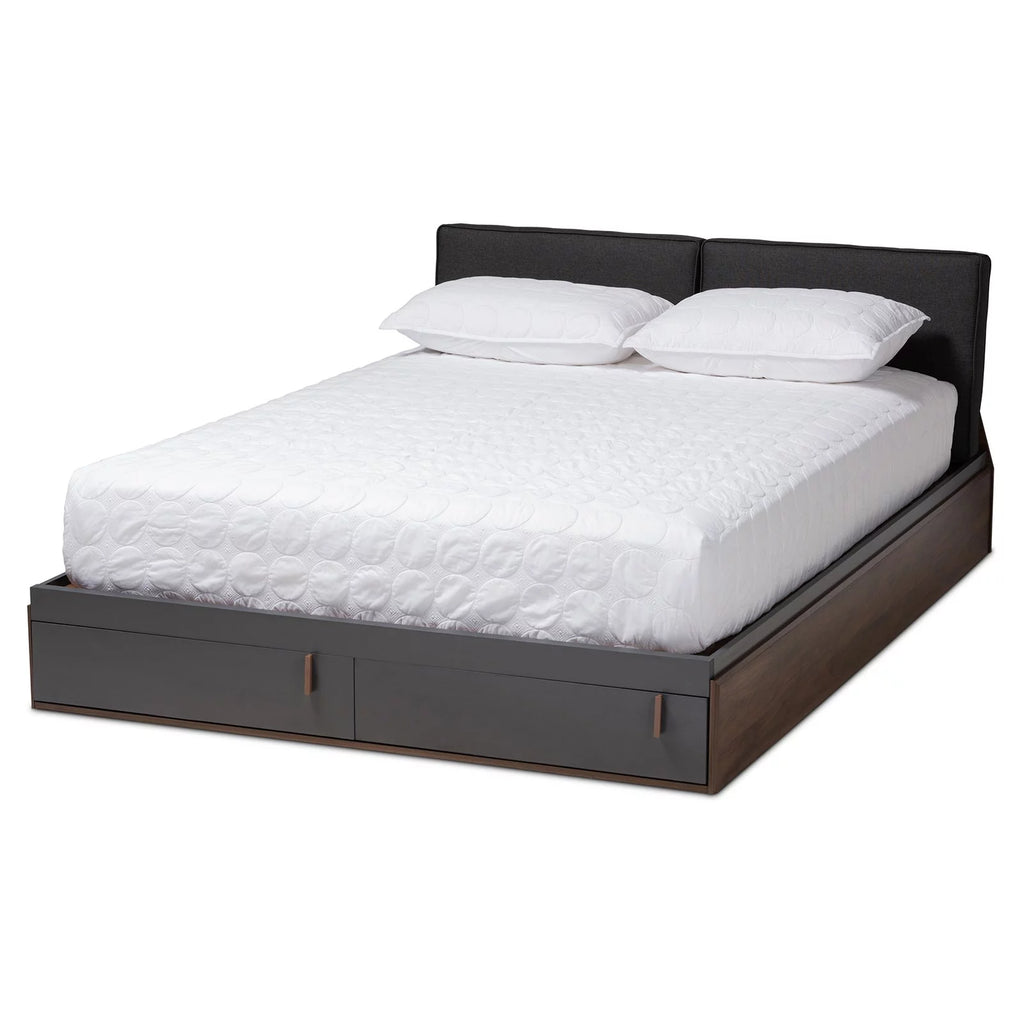 Gray Walnut Wood Queen Size Platform Storage Bed with Upholstered Headboard H26800
