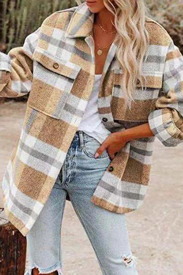 Plaid Pocket Buckle Turndown Collar Outerwear I73513