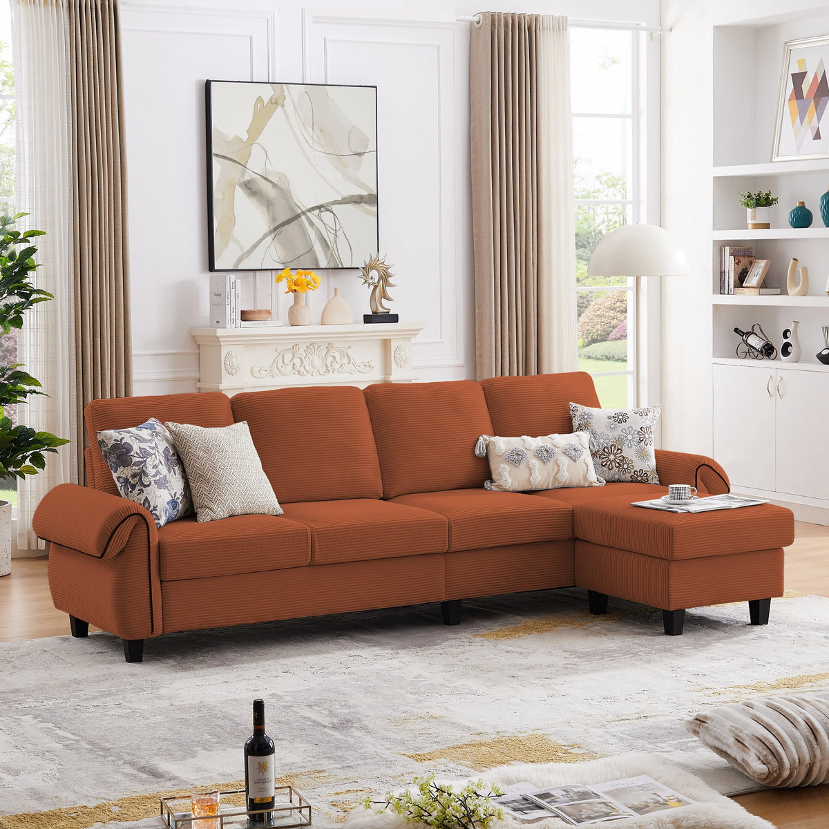 Grey Corduroy L Shaped Sectional Sofa with Reversible Ottoman C343