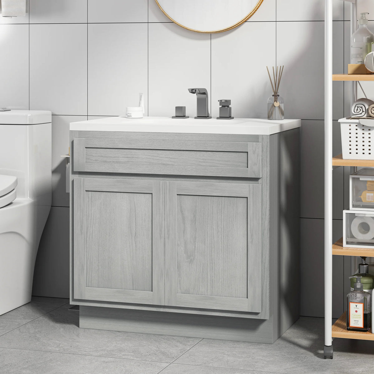 30 Inch Double Shutter Door Bathroom Vanity Base Cabinet with Soft Closing Drawer O2046