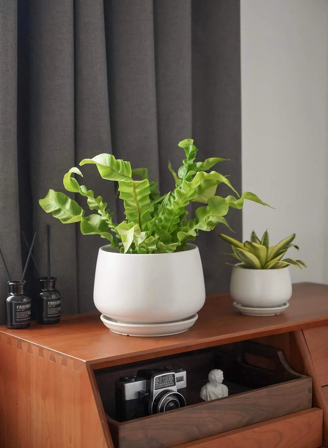 4.1+5.1+6.5 Inch Ceramic Plant Pots with Drainage Hole and Saucer, Set of 3, White S91533
