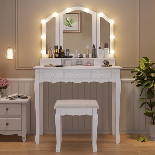 White Vanity Desk with Lighted Mirror and Stool, 5 Drawers K55131