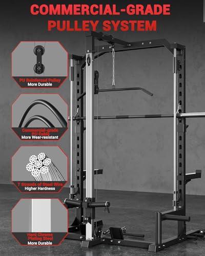 Smith Machine Home Gym with Barbell Bar, Cable System, Lat Pulldown Attachments, Safety Spotter Arms, J Hooks, Landmine, Multi-Functional Squat Rack G53238