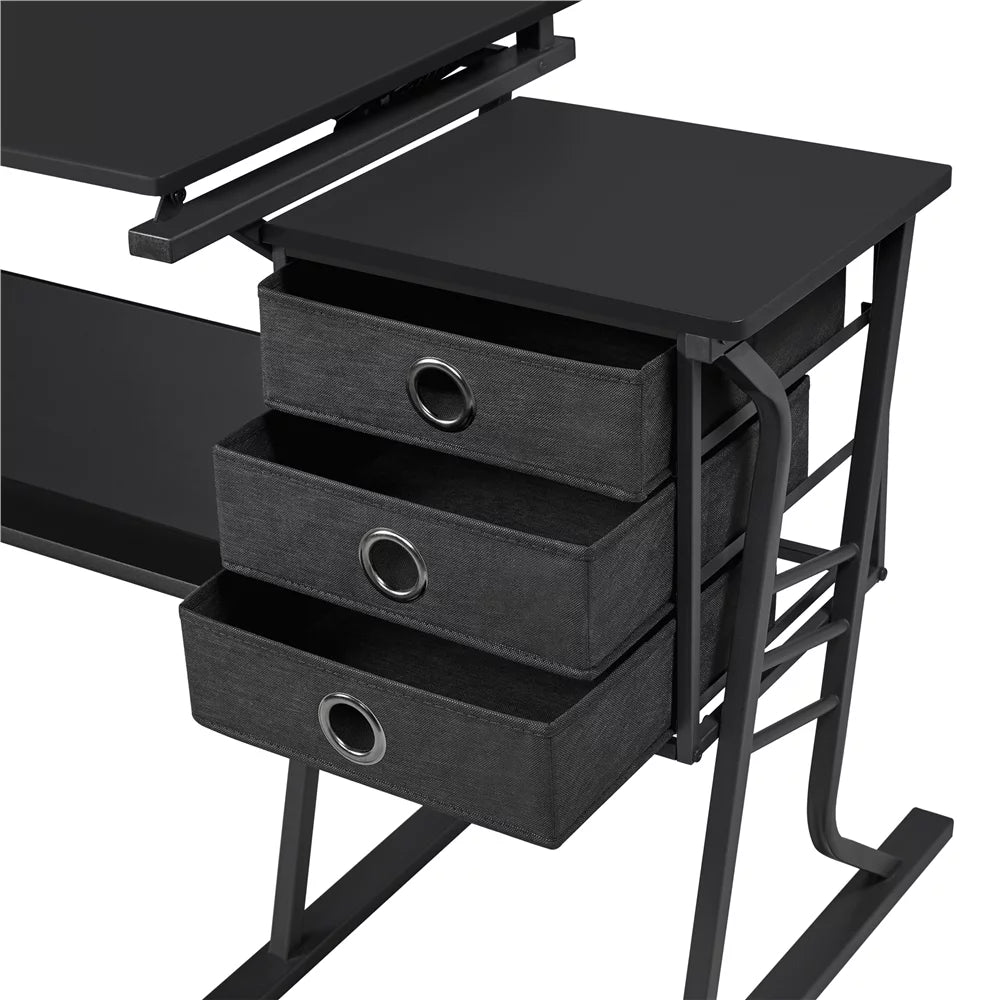 Black Adjustable Drafting Table with Storage Drawers and Stool G131604
