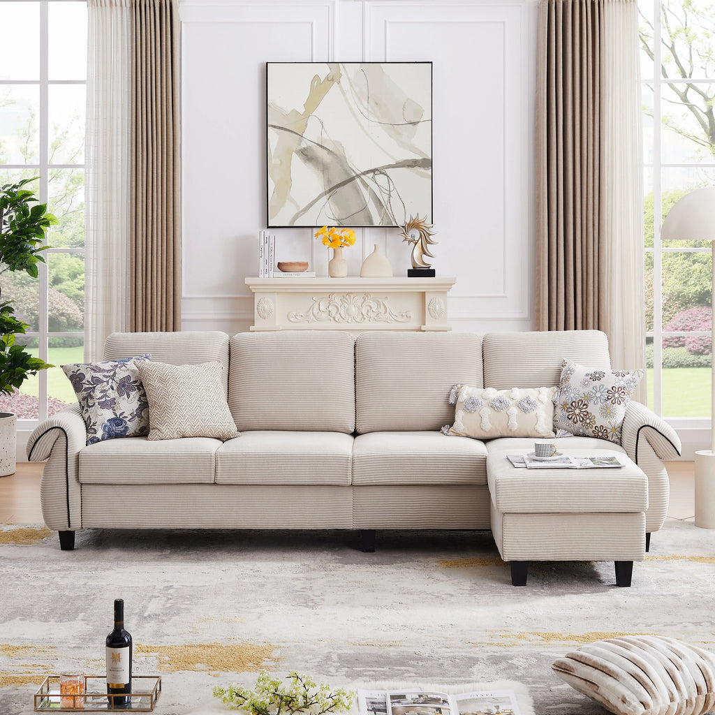Grey Corduroy L Shaped Sectional Sofa with Reversible Ottoman C343