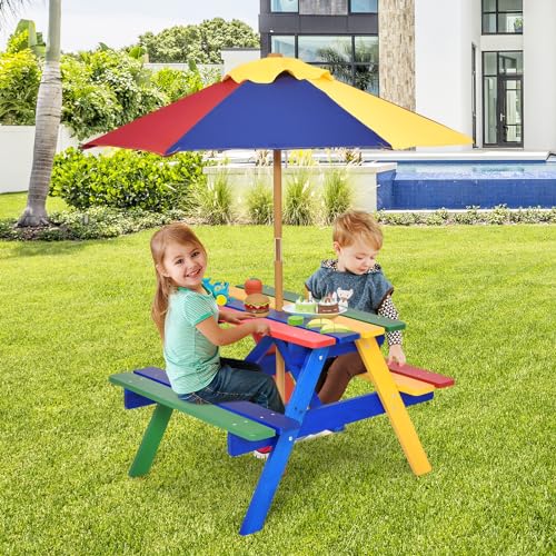 Kids Fir Wood Picnic Table and Chairs with Umbrella W2179