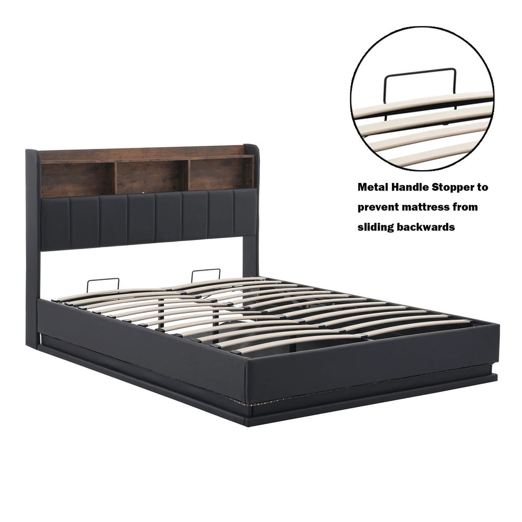 Black Full Size PU Upholstered Platform Bed with Storage Headboard X381