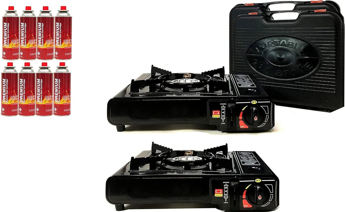 Set of 2 Portable Butane Gas Stoves & 8 Pack Butane Canister with Carrying Case F27037