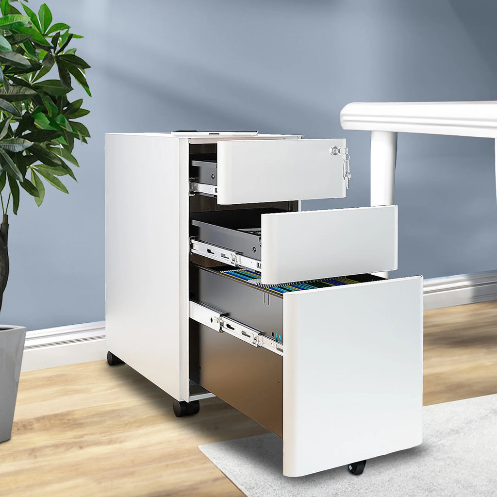 3-Compartment Locking Steel File Cabinet, White O529625
