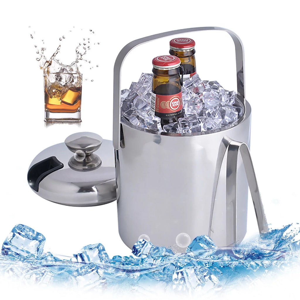 Stainless Steel Insulated Ice Bucket 1.3L with Lid Strainer and Ice Tong M17769