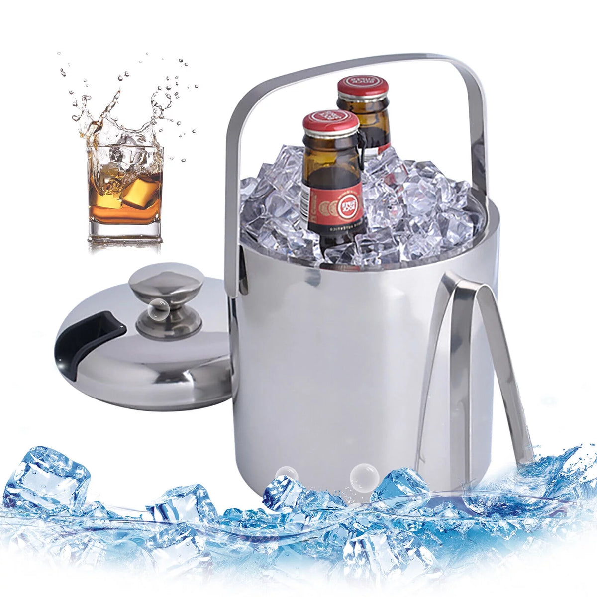 Stainless Steel Insulated Ice Bucket 1.3L with Lid Strainer and Ice Tong M17769