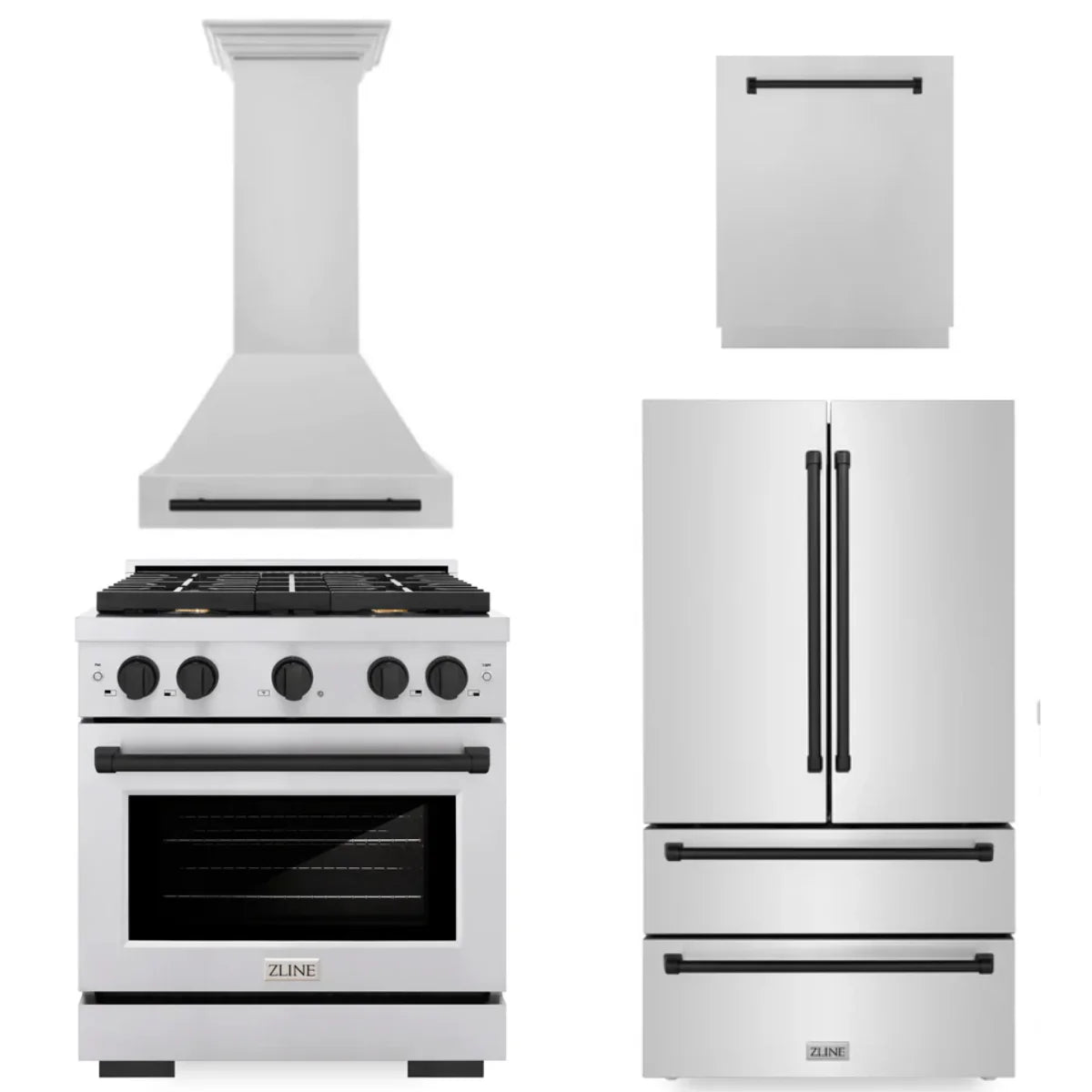 30 Inch Gas Range, Range Hood, Dishwasher, Refrigerator in Stainless Steel J276