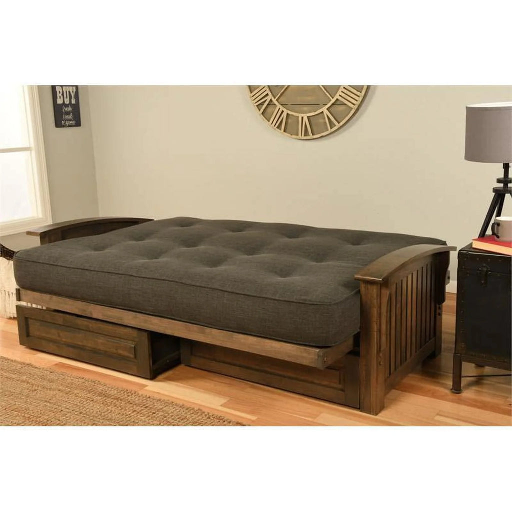 Queen Size Rustic Walnut Wood Storage Futon Frame M2368