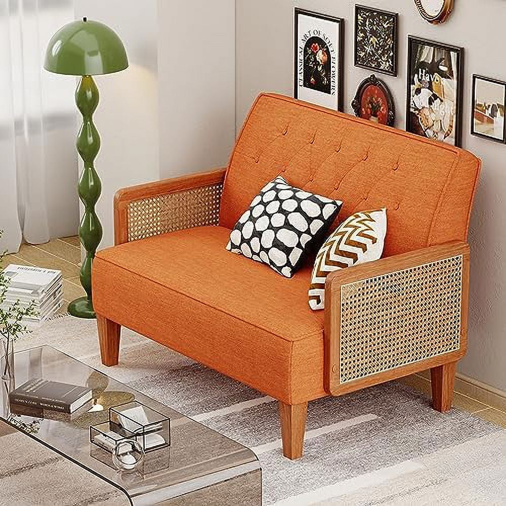 Light Grey Upholstered Loveseat with Rattan Armrest H123