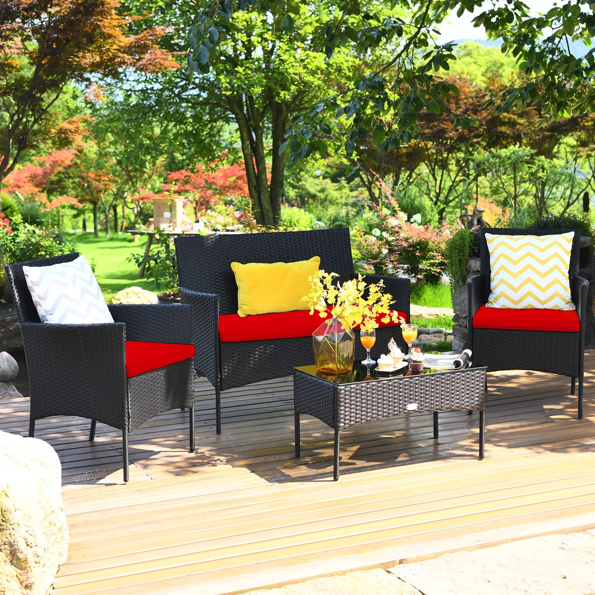 4 Pieces Patio Rattan Furniture Set Cushioned White H710219