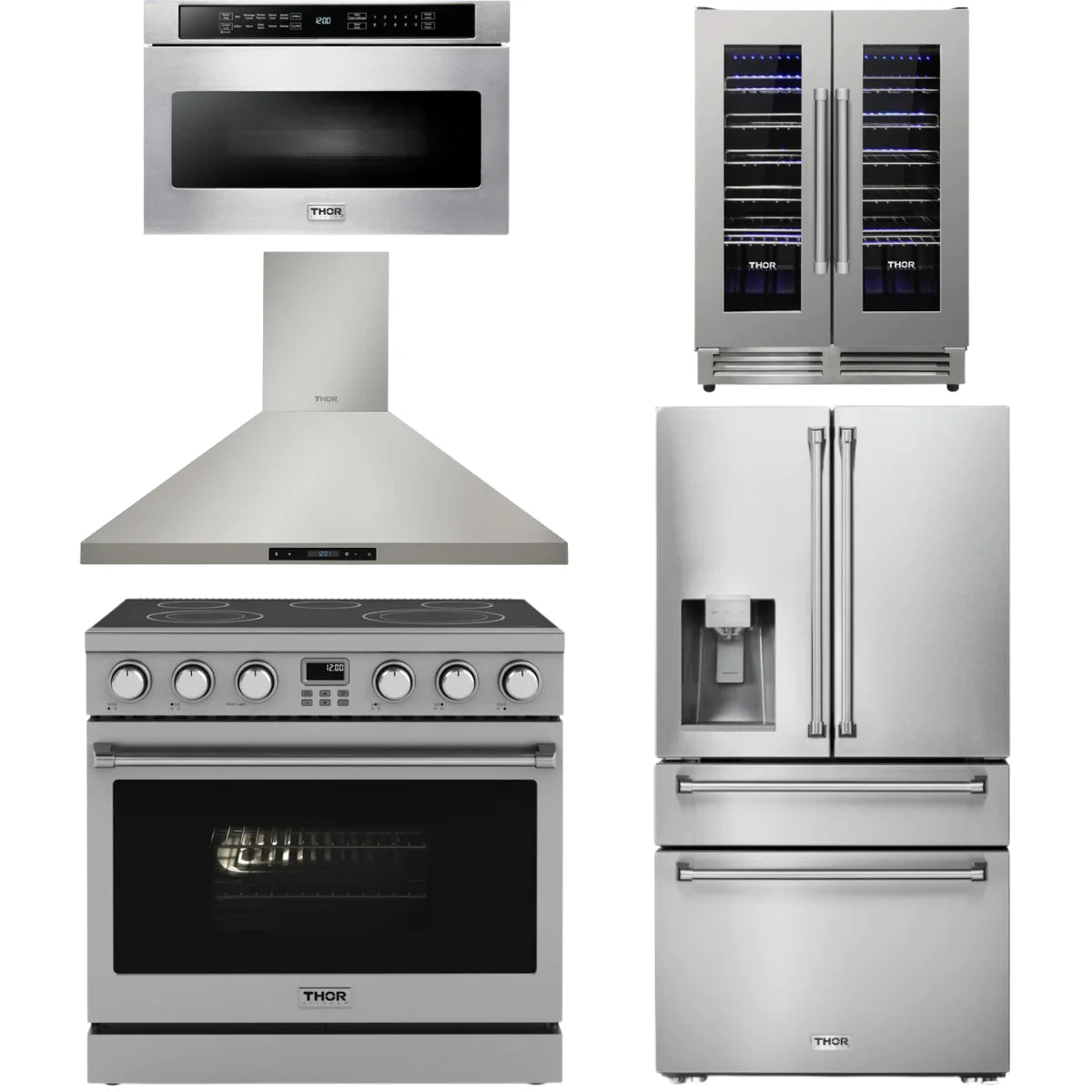 36 Electric Range, Range Hood, Refrigerator, Microwave and Wine Cooler D316393