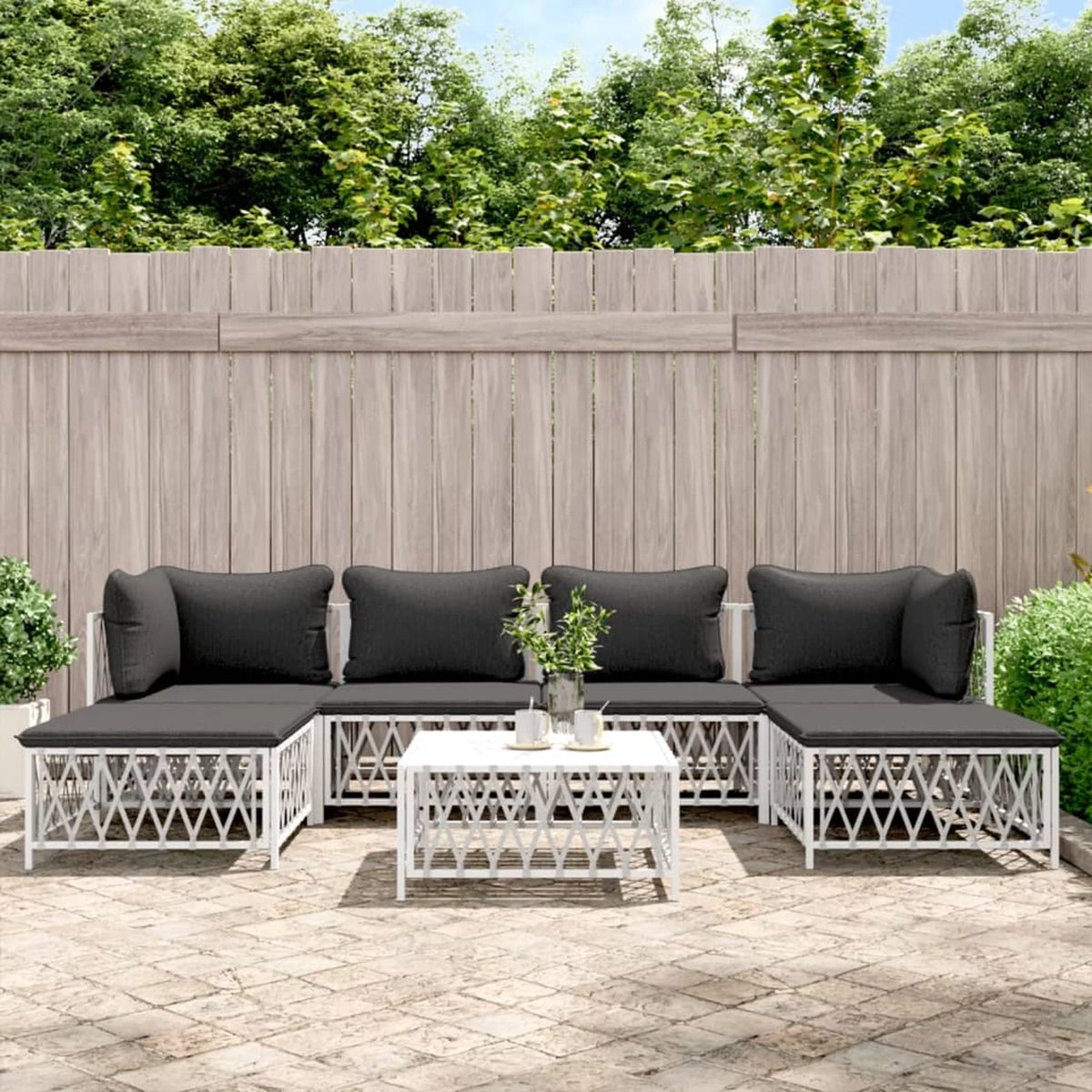 7 Piece Patio Set with Cushions White Steel K3933