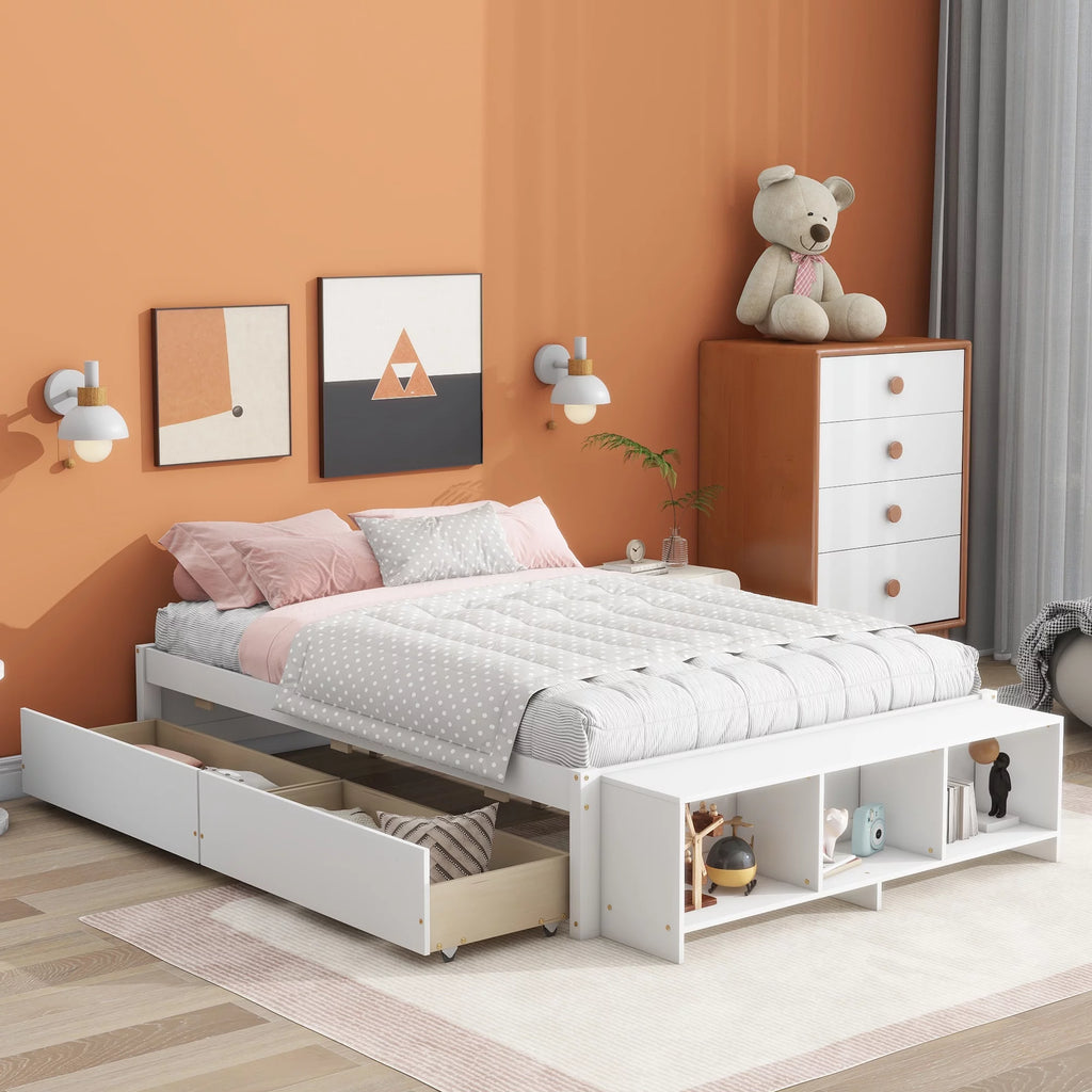 White Full Size Platform Bed with Storage Shelves and Drawer W554656
