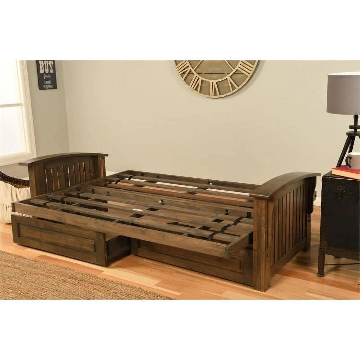Queen Size Rustic Walnut Wood Storage Futon Frame M2368