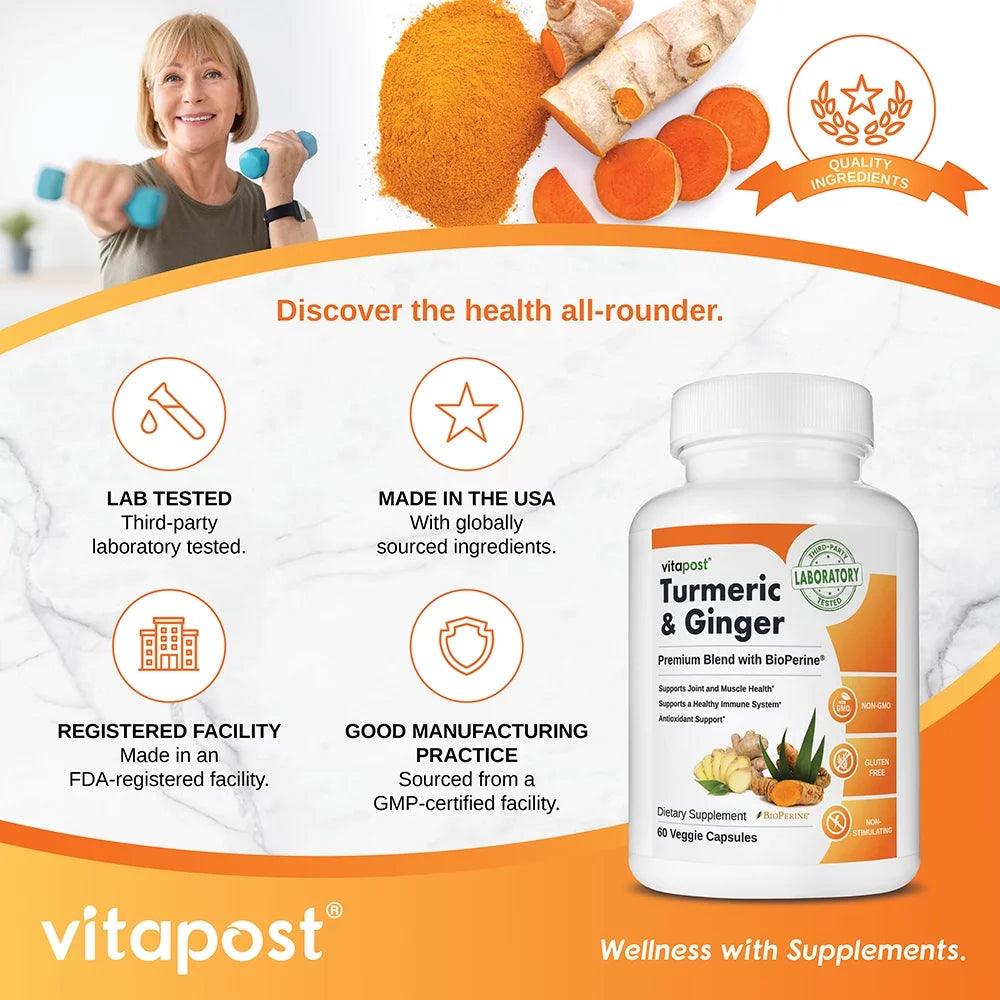 Turmeric & Ginger Supplement with BioPerine 60 Capsules N198