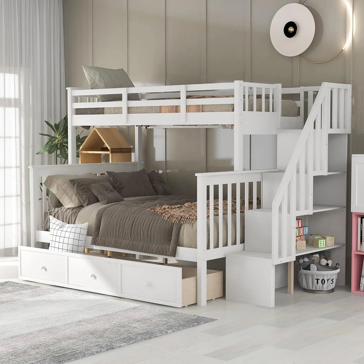 White Solid Wood Bunk Bed with Stairs and Storage Drawers X141