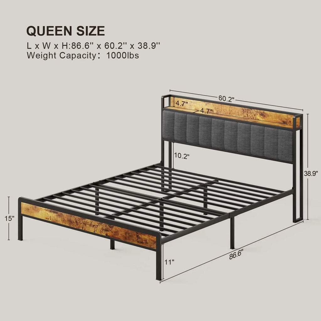 Dark Grey Queen Bed Frame with Storage Headboard I756
