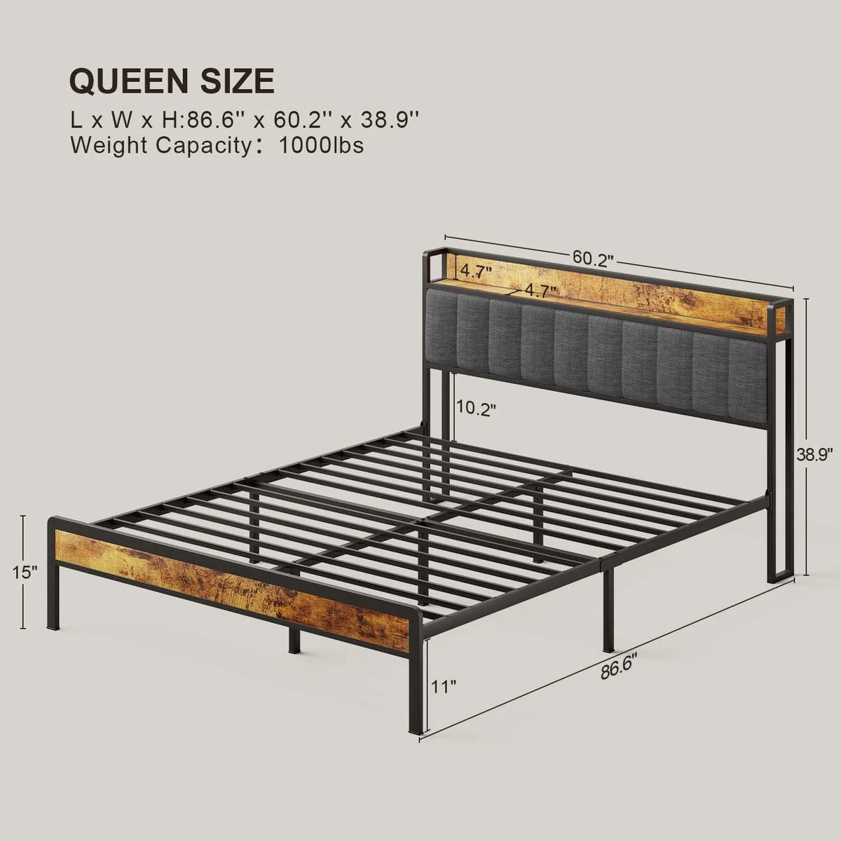 Dark Grey Queen Bed Frame with Storage Headboard I756