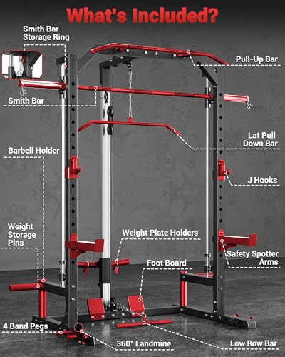 Smith Machine Home Gym with Barbell Bar, Cable System, Lat Pulldown Attachments, Safety Spotter Arms, J Hooks, Landmine, Multi-Functional Squat Rack G53238