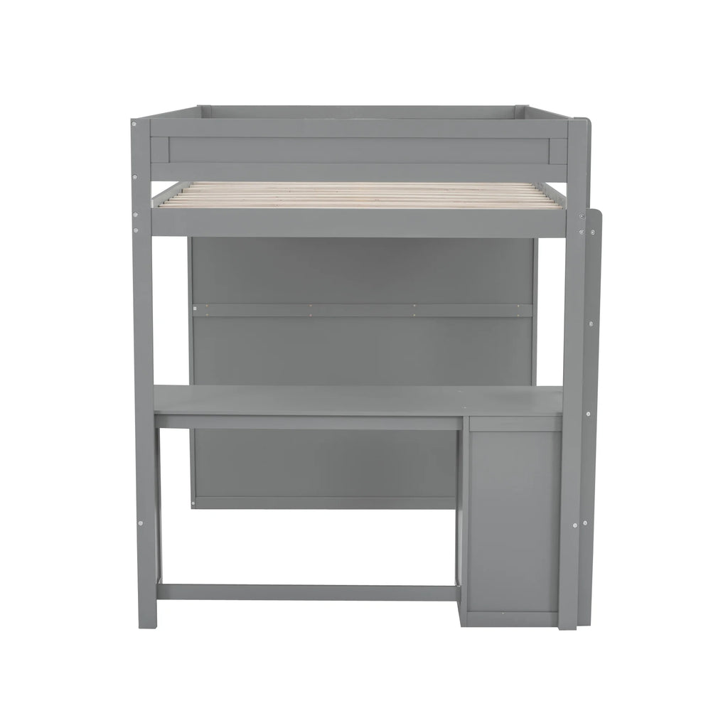 Wood Full Size Loft Bed with Storage Desk, Drawers and Wardrobe V102