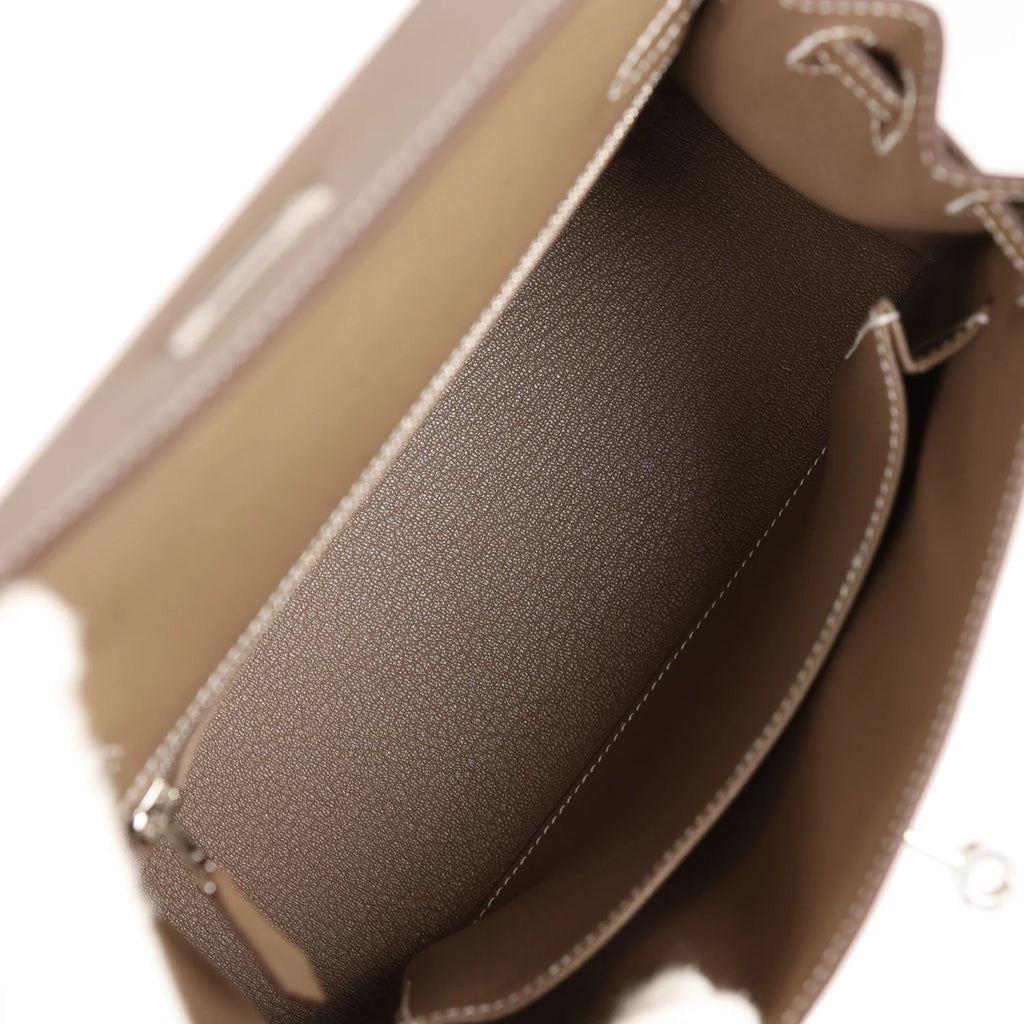 Kelly 25 Etoupe Epsom Palladium Hardware Bag A105