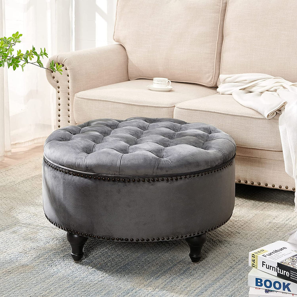 Dark Grey Upholstered Round Storage Ottoman I7078