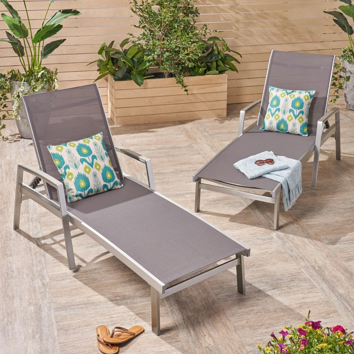Adjustable Aluminum Chaise Lounges, Set of 2, Gray Mesh O1457