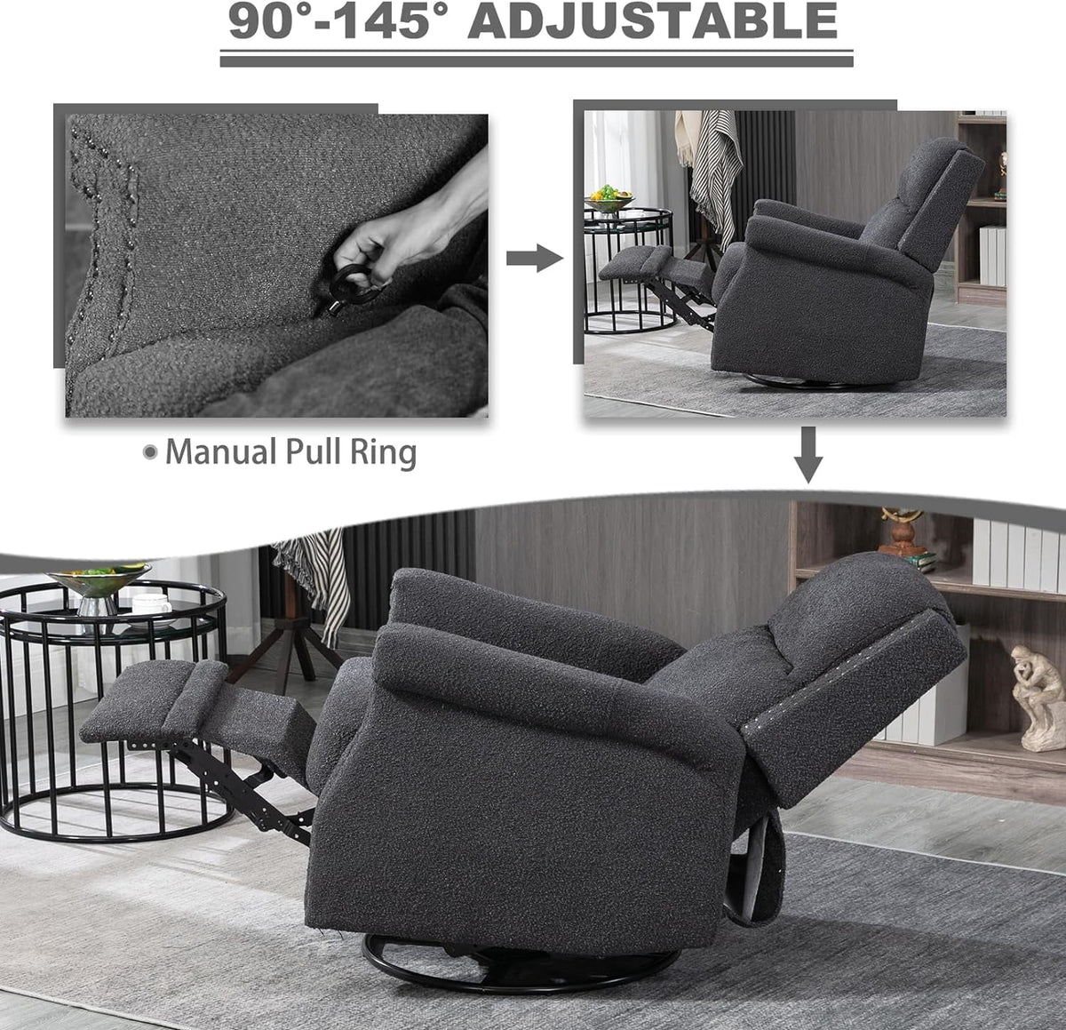 Black Teddy Fabric Swivel Recliner Chair I812016
