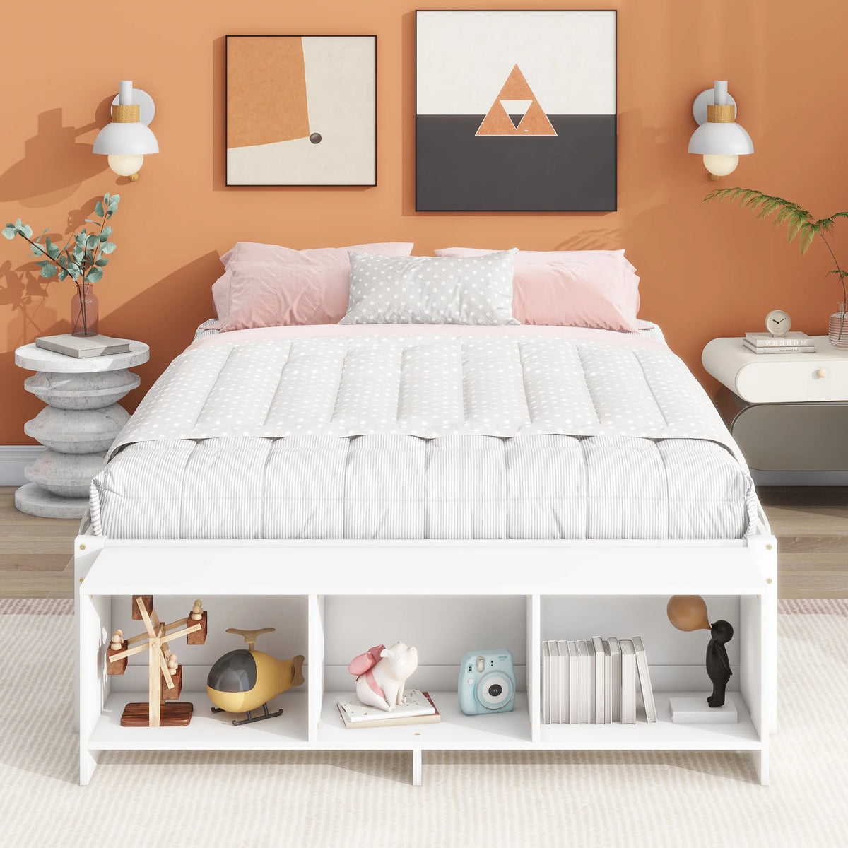 White Full Size Platform Bed with Storage Shelves and Drawer W554656