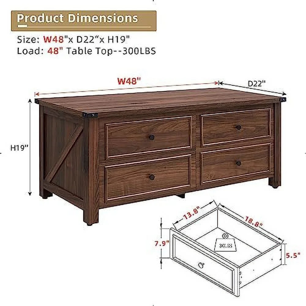 48” Wood Coffee Table with 4 Drawers G233