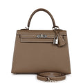 Kelly 25 Etoupe Epsom Palladium Hardware Bag A105