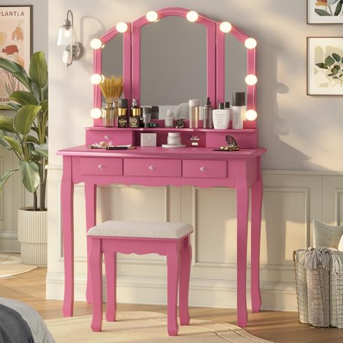 White Vanity Desk with Lighted Mirror and Stool, 5 Drawers K55131