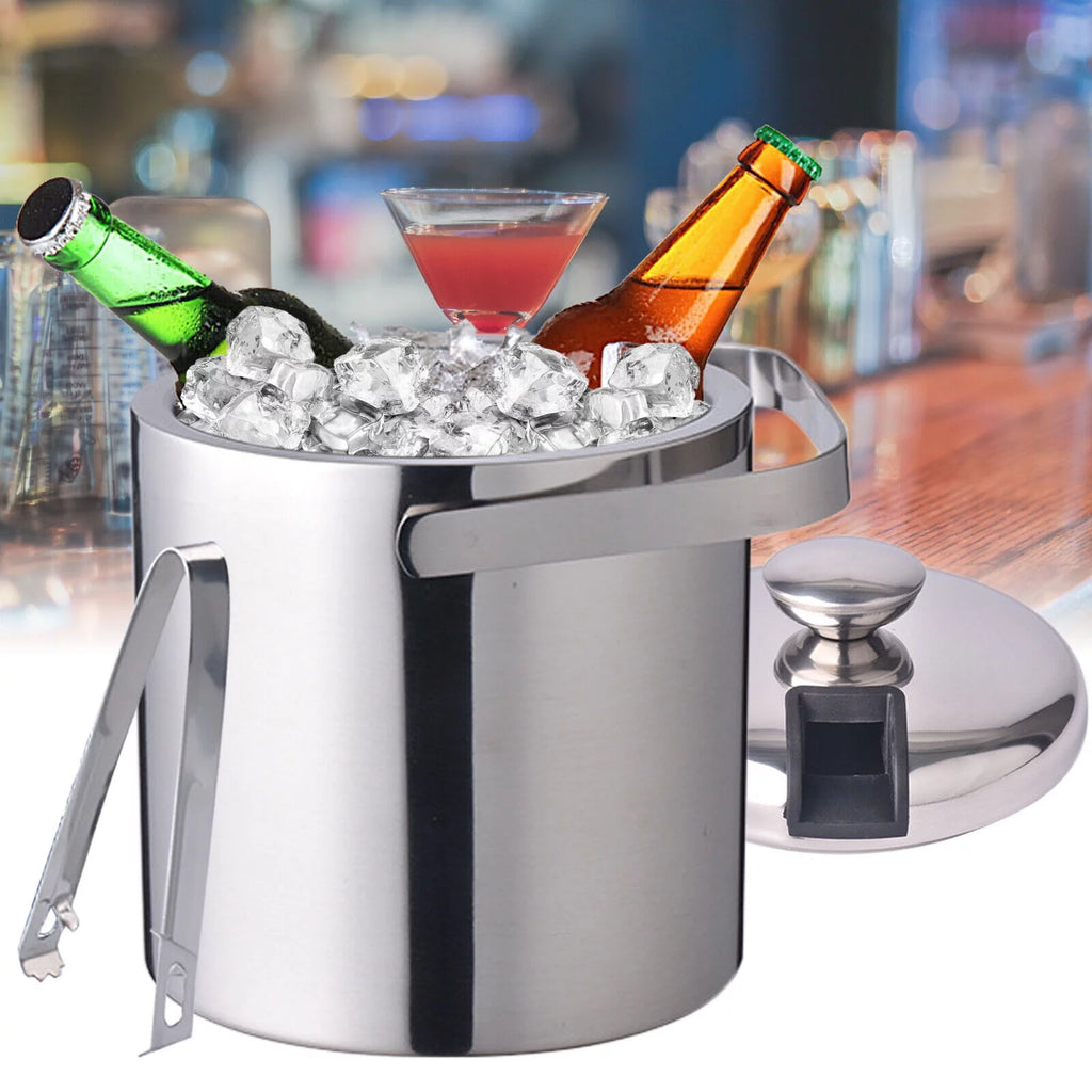Stainless Steel Insulated Ice Bucket 1.3L with Lid Strainer and Ice Tong M17769