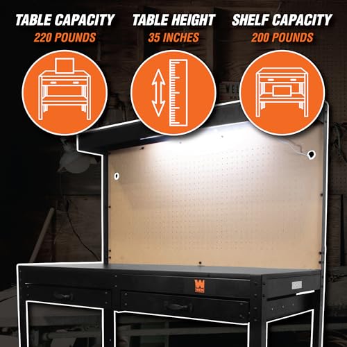 48-Inch Black Workbench with Power Outlets and Light N293