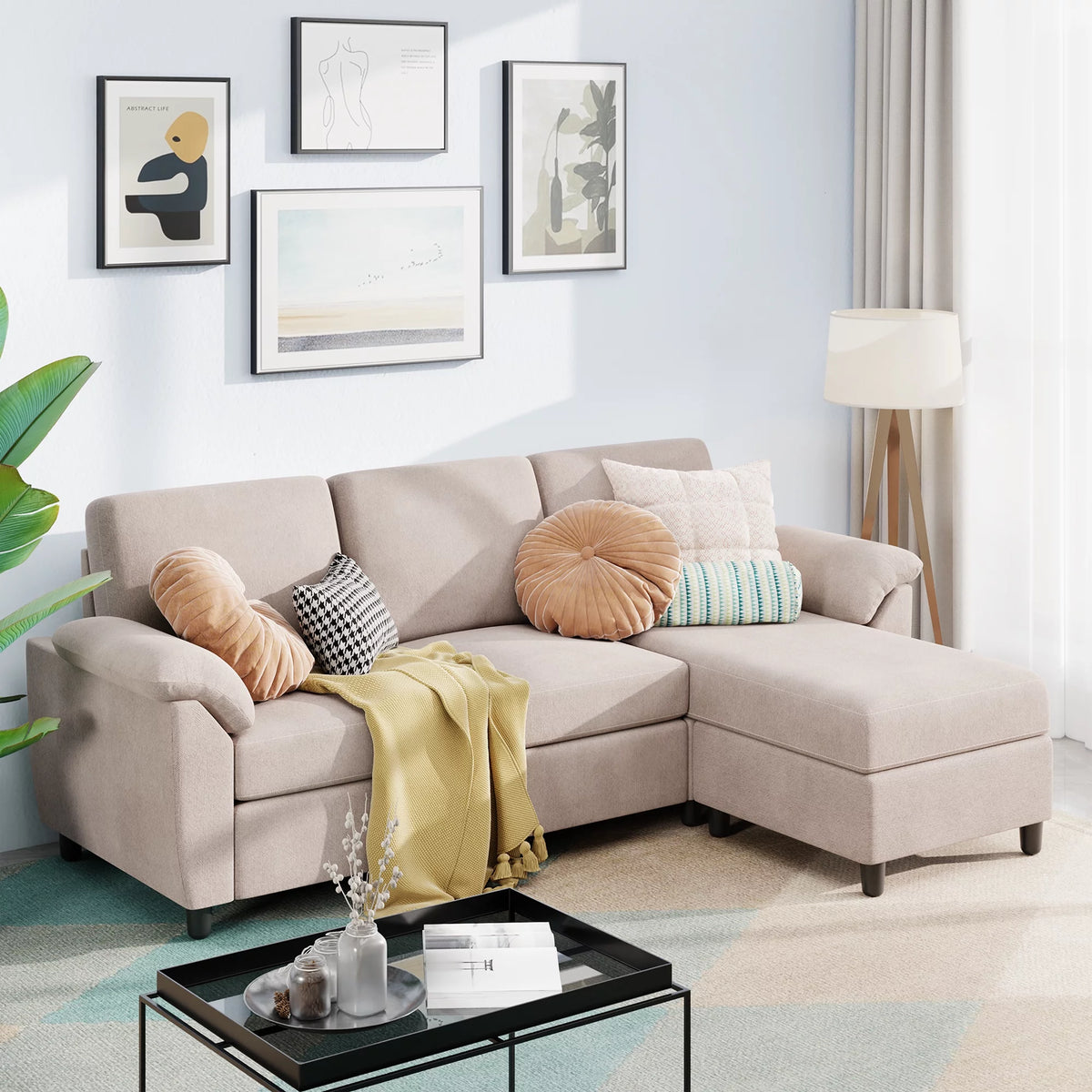 Convertible Sectional Sofa Couch, 3 Seat L Shaped Sofa with Removable Pillows Linen Fabric (Gray) Q49001