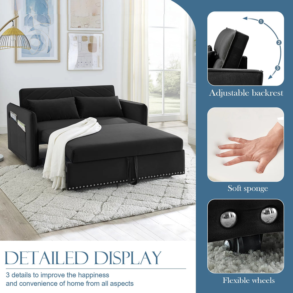 55" Black Velvet Convertible Sleeper Sofa with USB Ports H529077