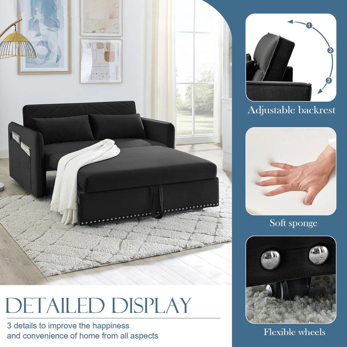 55" Black Velvet Convertible Sleeper Sofa with USB Ports H529077